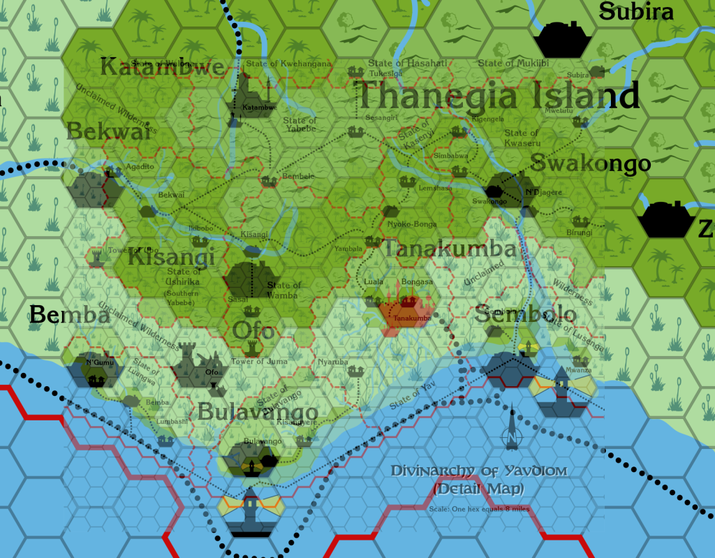 Champions' 8 mile per hex Yavdlom detail map (50% opacity) overlaid on the same set's Serpent Peninsula