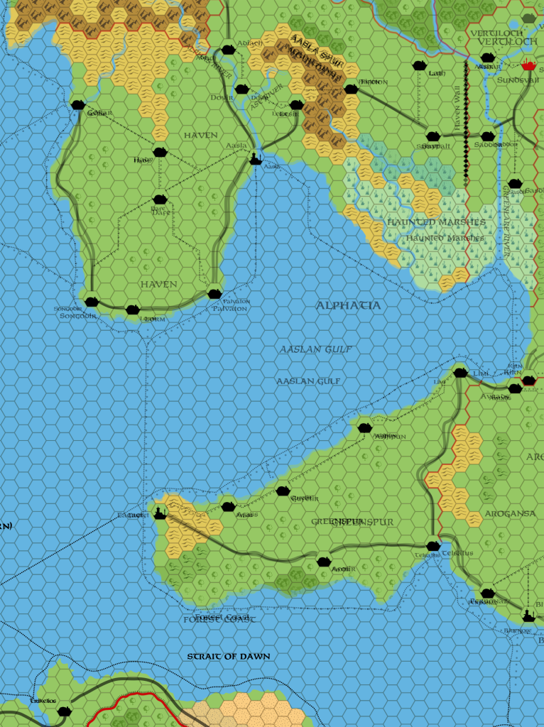 Dawn's Alphatia (50% opacity) overlaid on the same set's Isle of Dawn map