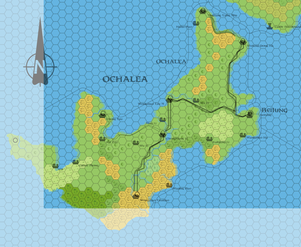 Dawn's Ochalea (50% opacity) overlaid on the same set's Isle of Dawn map
