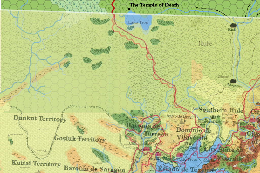 Savage Baronies poster map (65% opacity) layered on top of X5, Champions' Great Waste, and my Savage Coast 8 mile per hex trail map