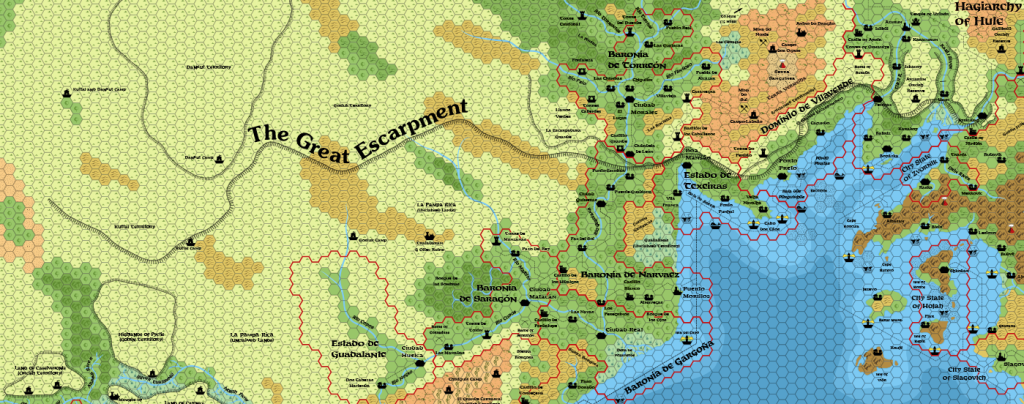 The Savage Coast, 8 miles per hex, with X5's Great Escarpment 