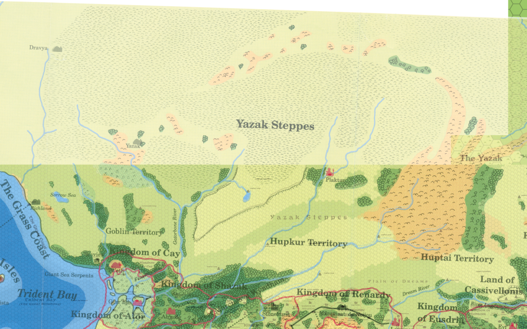 Savage Baronies poster map (65% opacity) layered on top of X5 and my Savage Coast 8 mile per hex trail map