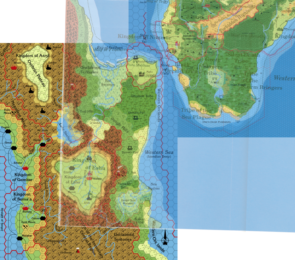 Savage Baronies poster map (50% opacity) overlaid on Savage Coast 8 miles per hex and Dragon 200