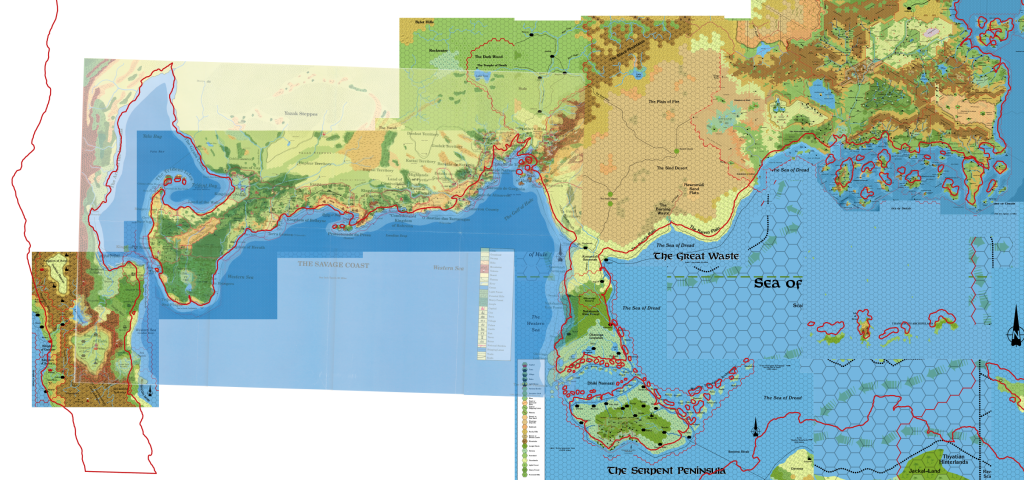 Brun continental outline in red overlaid on the hex maps