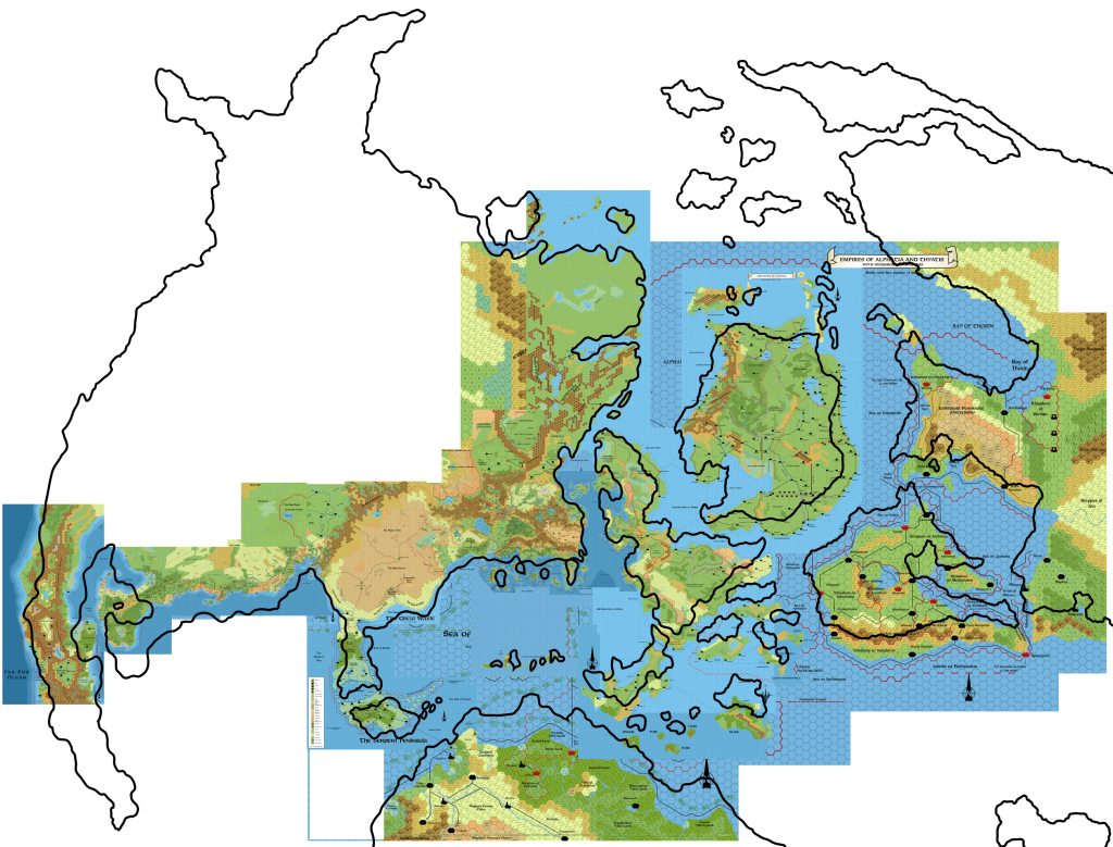 Master Set world map, scaled to fit Brun, overlaid on the hex maps