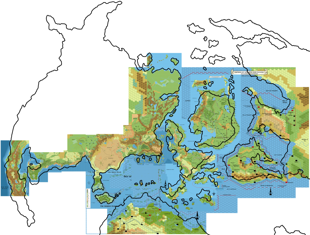 Master Set world map, scaled and rotated 1.85º clockwise to fit Brun, overlaid on the hex maps