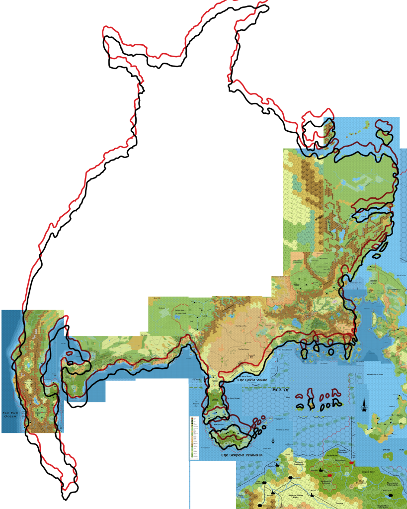 Master Set Brun's best fit with the Known World (black) and the Orc's Head Peninsula (red)