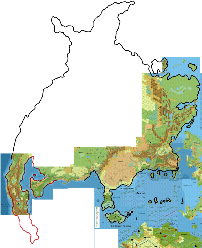 Master Set Brun's best fit with the Known World (black) and the Orc's Head Peninsula (red)