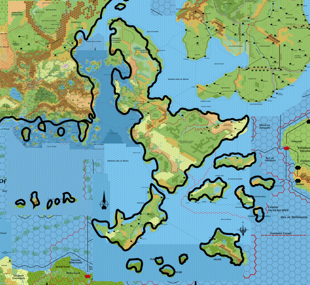 The Isle of Dawn region with coastal outlines from the Master Set map, rotated 2.61º clockwise and scaled to Brun