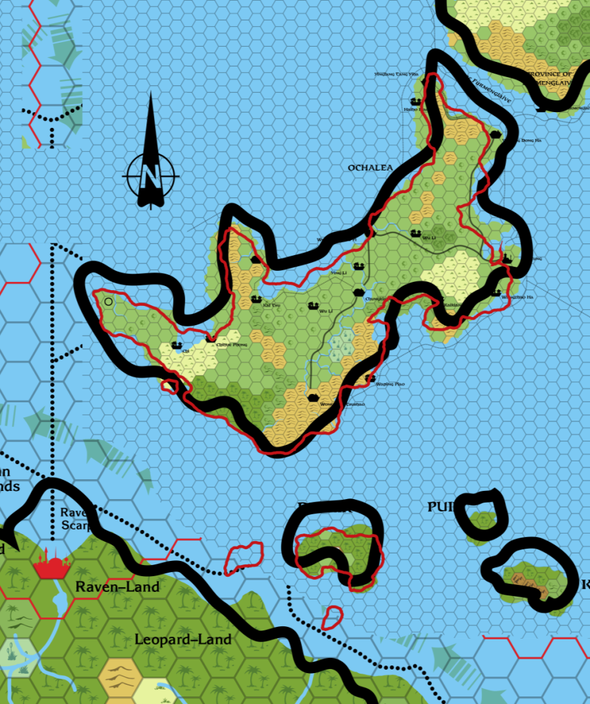 Ochalea's extra island is just visible off its southwest coast, and also two more Pearl Islands next to Dwair