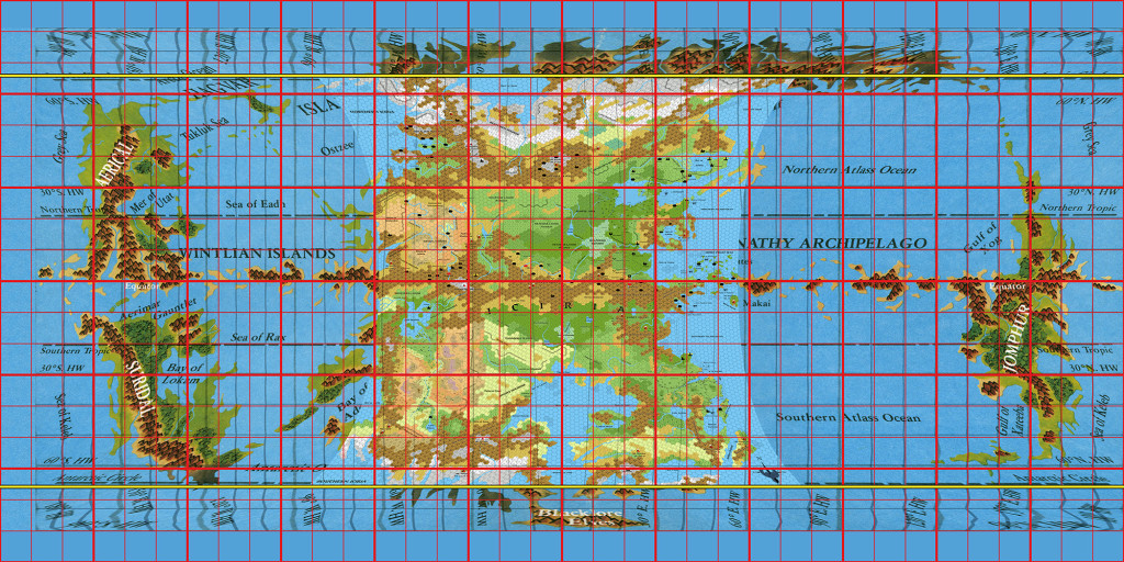 Fully corrected Hollow World map, with hex maps overlaid and new graticule in red; 66º lines in yellow mark the beginning of the polar lips