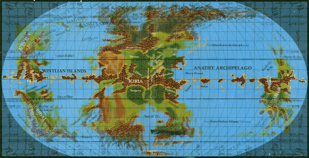 Equirectangular world map on top of pseudo-Robinson world map; note how the grid has been matched along the equator and central meridian
