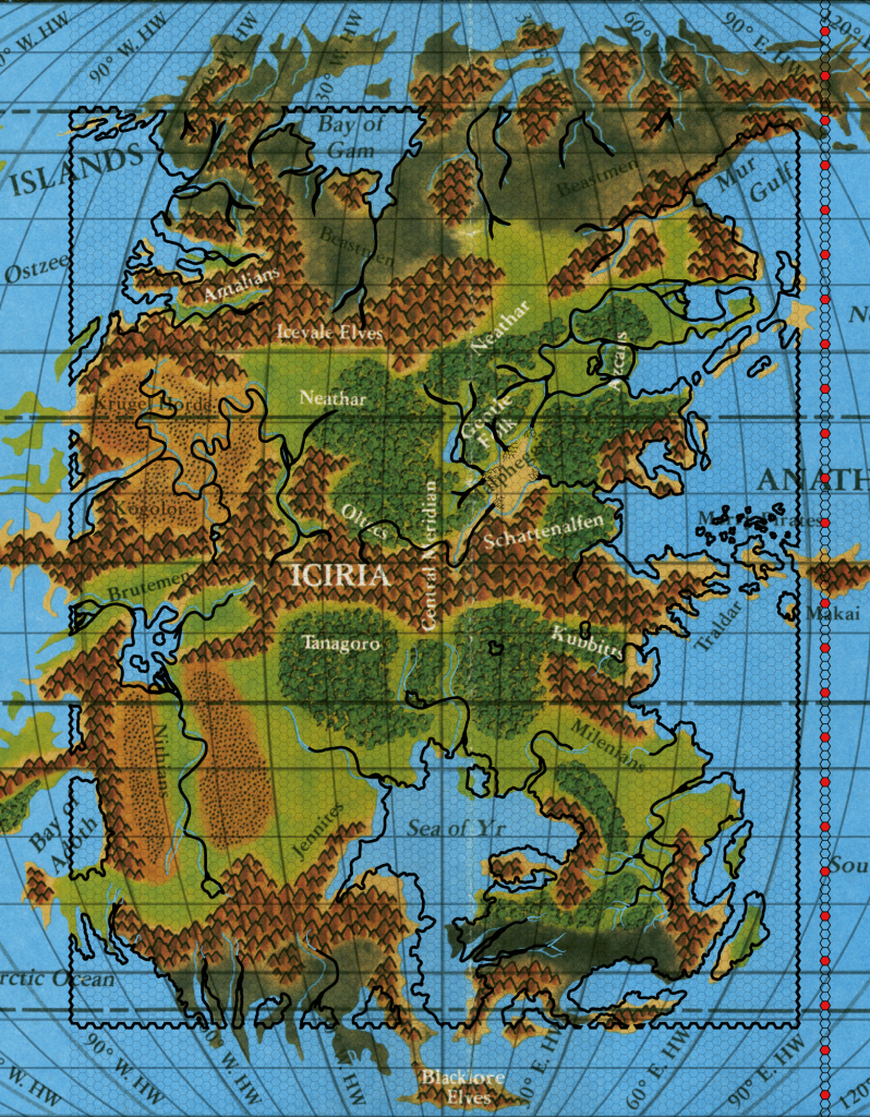 Hollow World Set Iciria hex map overlaid on the same set's world map, with hexes marked off in fives from the equator for counting