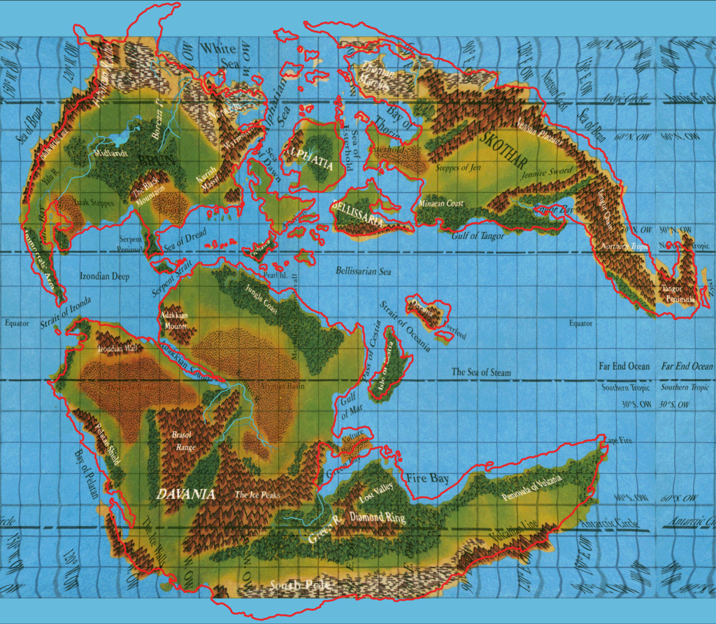 Master Set coastlines (in red) with Hollow World Set map squashed to fit