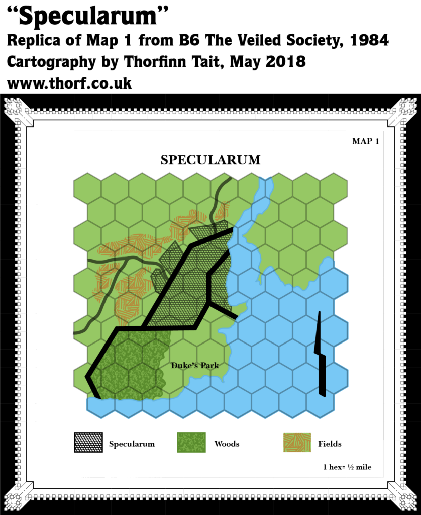 Colourised replica of B6's Specularum area map, 0.5 miles per hex