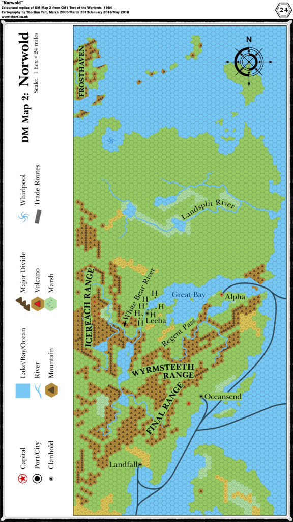 Colourised replica of DM's Map of Norwold from CM1, 24 miles per hex