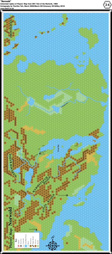 Colourised replica of Players' Map of Norwold from CM1, 24 miles per hex