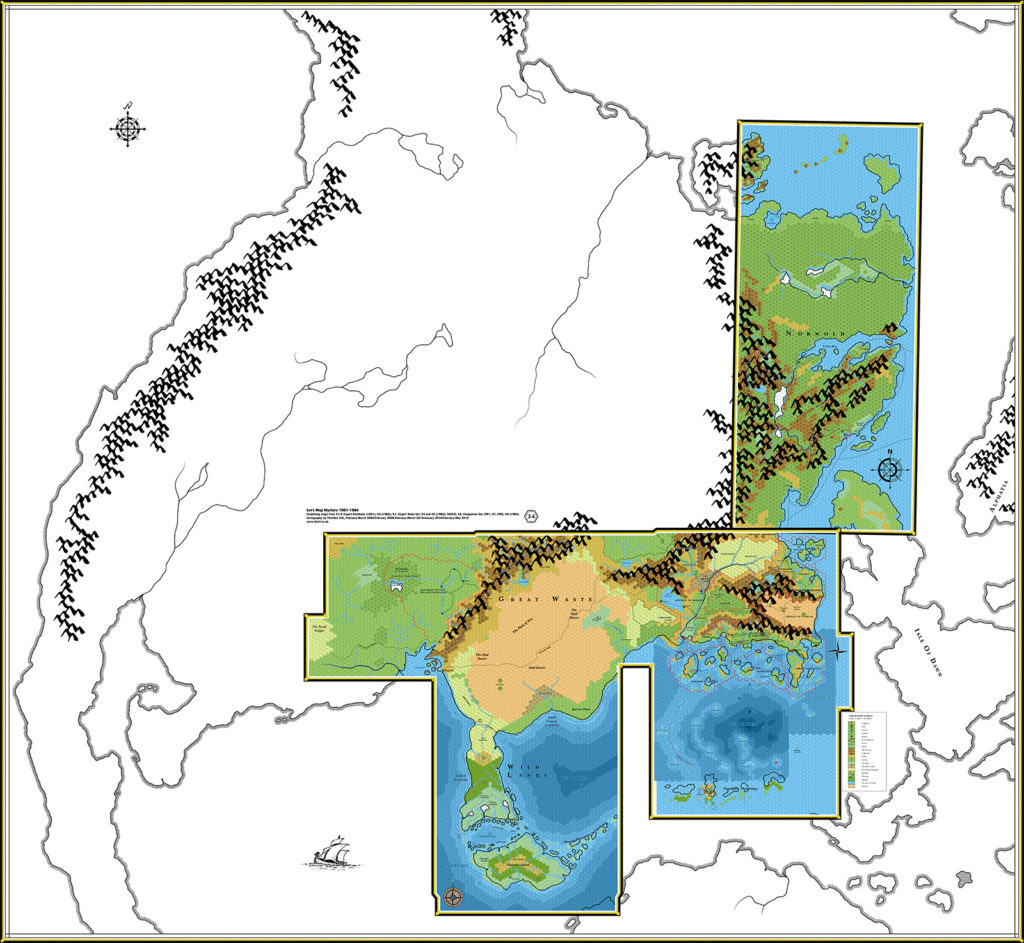 Mystara 1984, 24 miles per hex, with continental map overlaying the hex maps