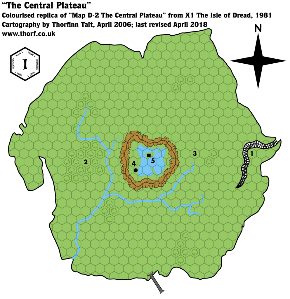 Colourised replica of X1 (1981)'s Central Plateau map, 1 miles per hex