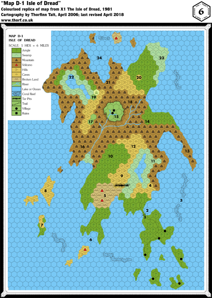 Colourised replica of X1 (1981)'s Isle of Dread map, 6 miles per hex