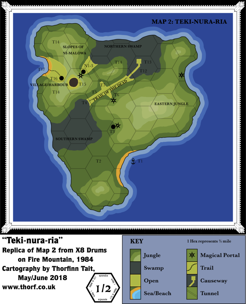 Replica of X8's Teki-nura-ria map, 0.5 miles per hex