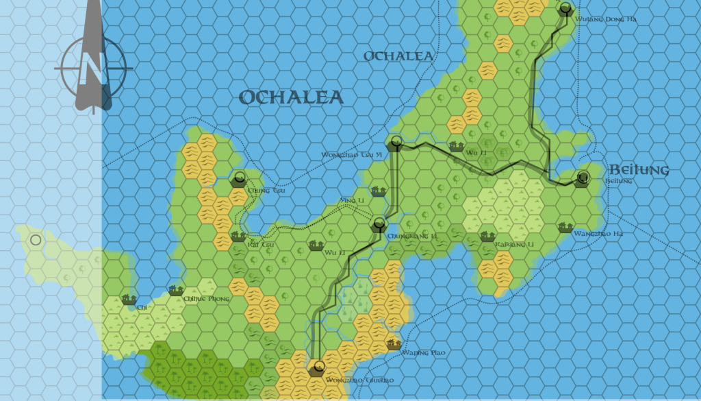 Dawn's Ochalea (50% opacity) overlaid on the same set's Isle of Dawn map