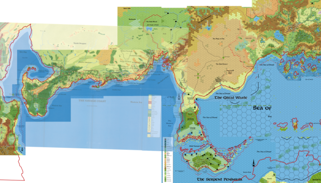 Brun continental outline in red overlaid on the hex maps