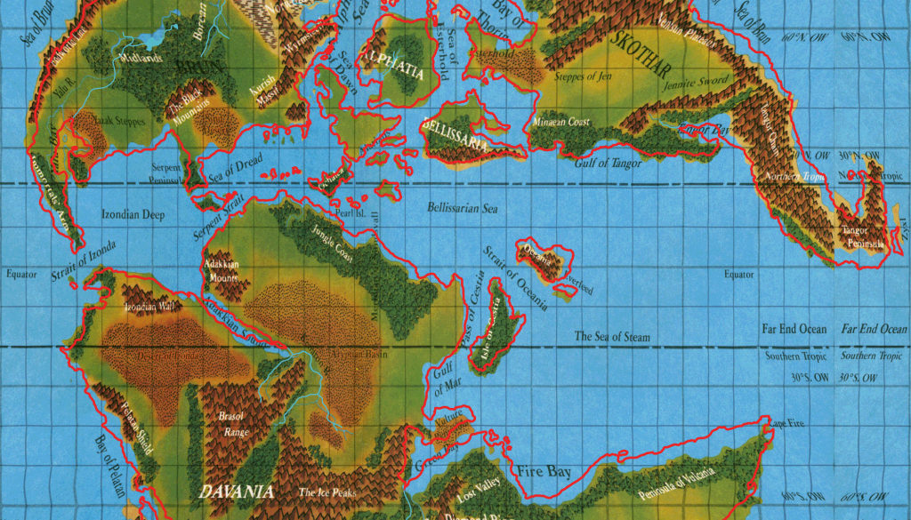 Master Set coastlines (in red) with Hollow World Set map squashed to fit