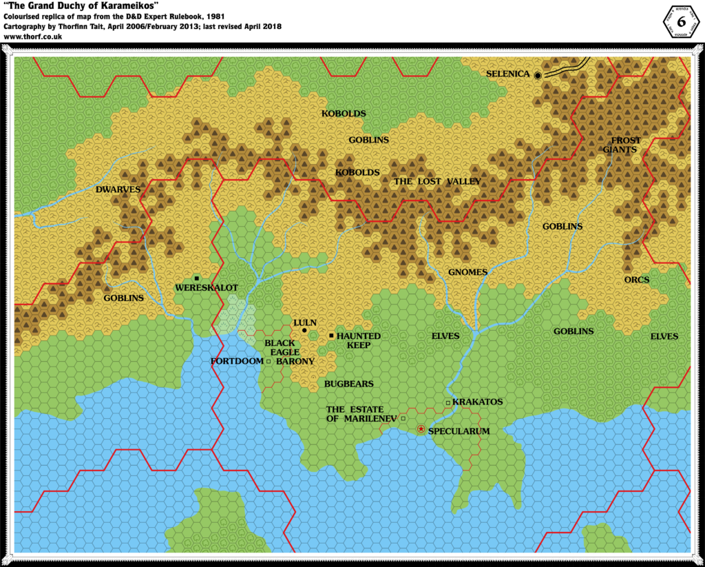 Colourised replica of the Expert Rulebook (1981)'s Karameikos map, 6 miles per hex