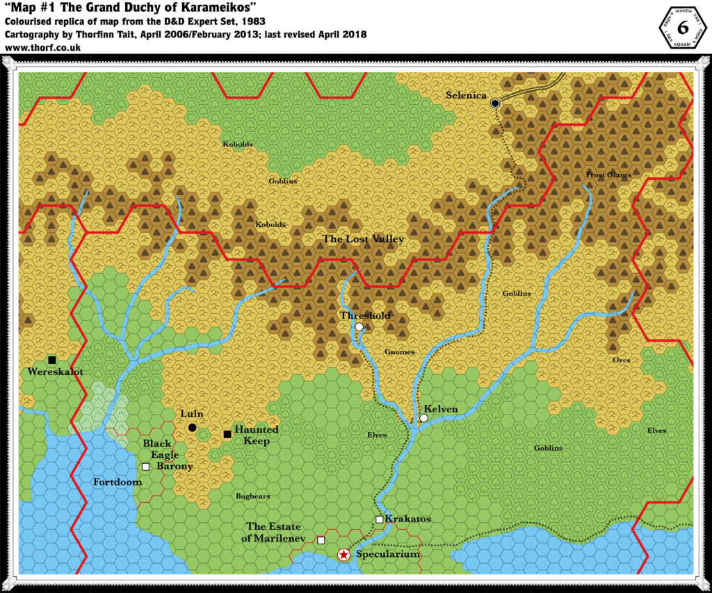 Colourised replica of the Expert Rules Set (1983)'s Karameikos map, 6 miles per hex