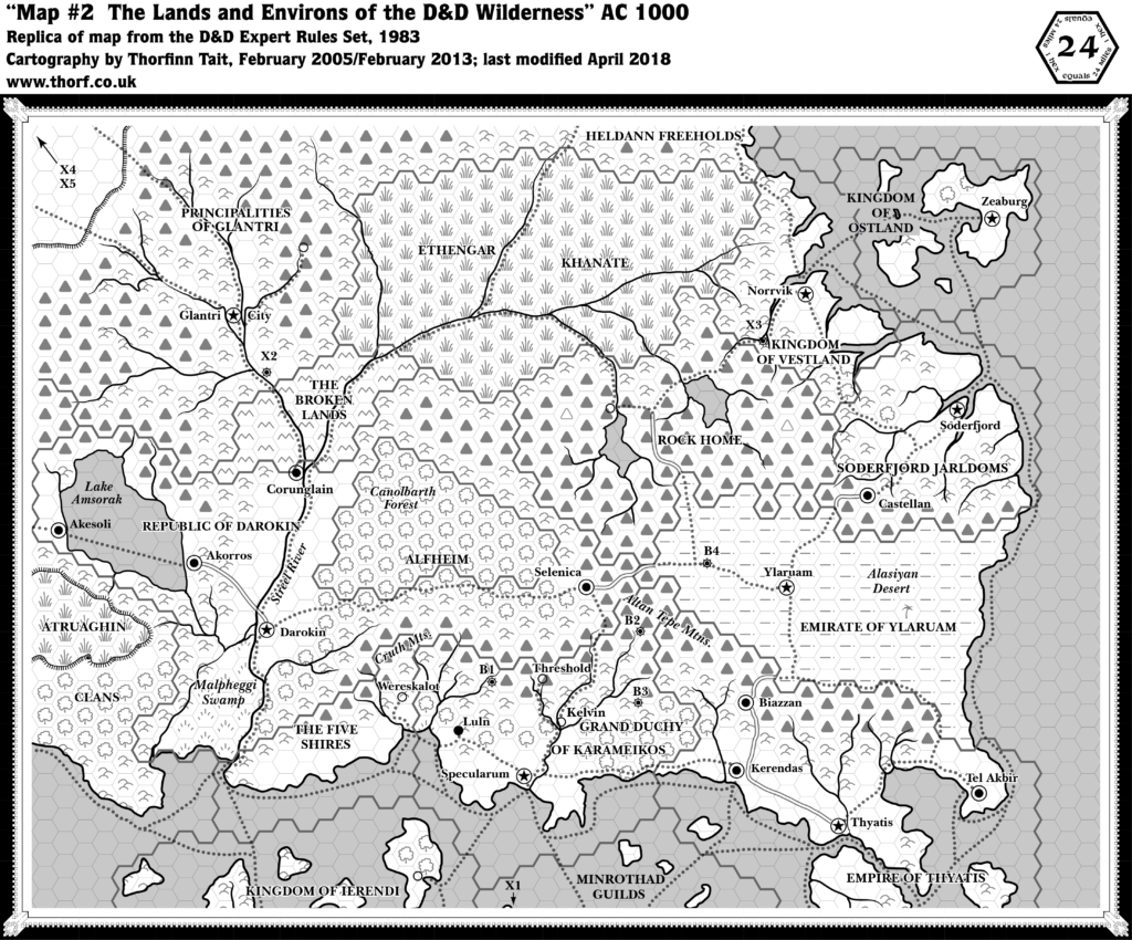 Replica of Expert Rules Set (1983)'s Known World map, 24 miles per hex