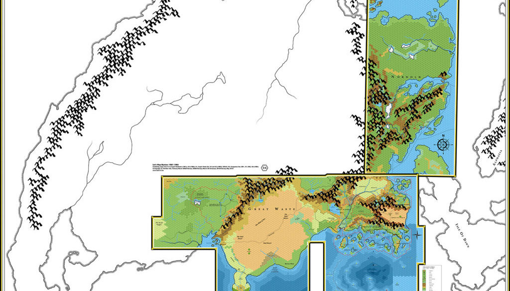 Mystara 1984, 24 miles per hex, with continental map overlaying the hex maps