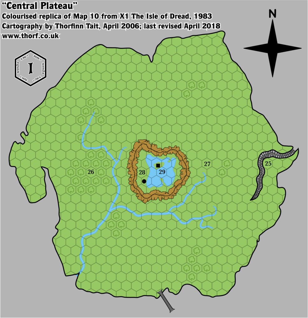 Colourised replica of X1 (1983)'s Central Plateau map, 1 (actually 0.5) mile per hex
