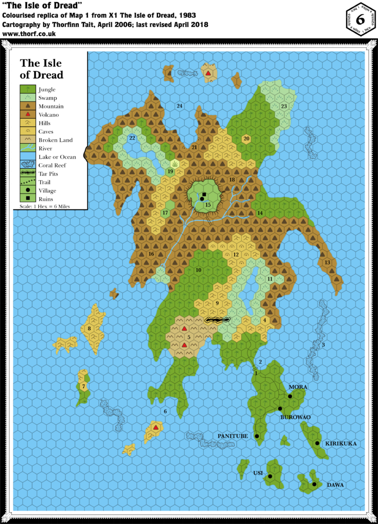 Colourised replica of X1 (1983)'s Isle of Dread map, 6 (actually 4) miles per hex