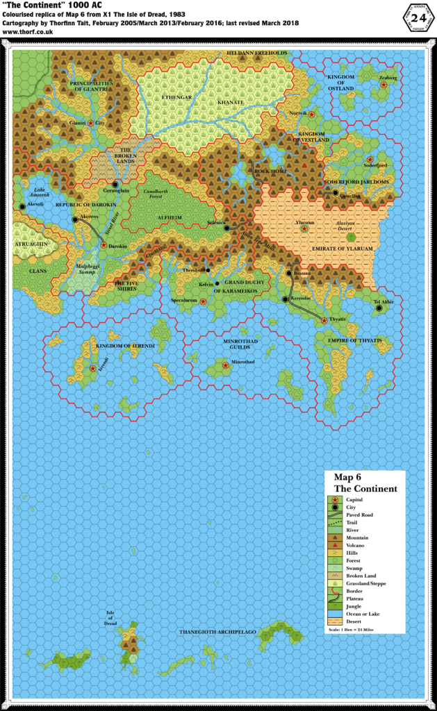 Colourised replica of X1 (1983)'s Known World map, 24 miles per hex