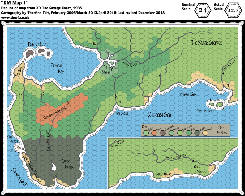 Replica of X9's DM's map of the Savage Coast, 24 miles per hex