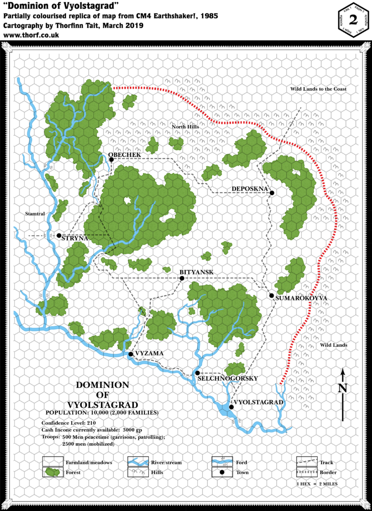 Partially colourised replica of CM4's map of the Dominion of Vyolstagrad, 2 miles per hex