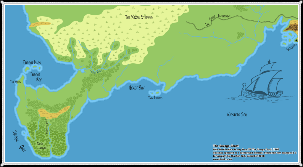 Colourised replica of Savage Coast map used as a background in X9 p. 2-3