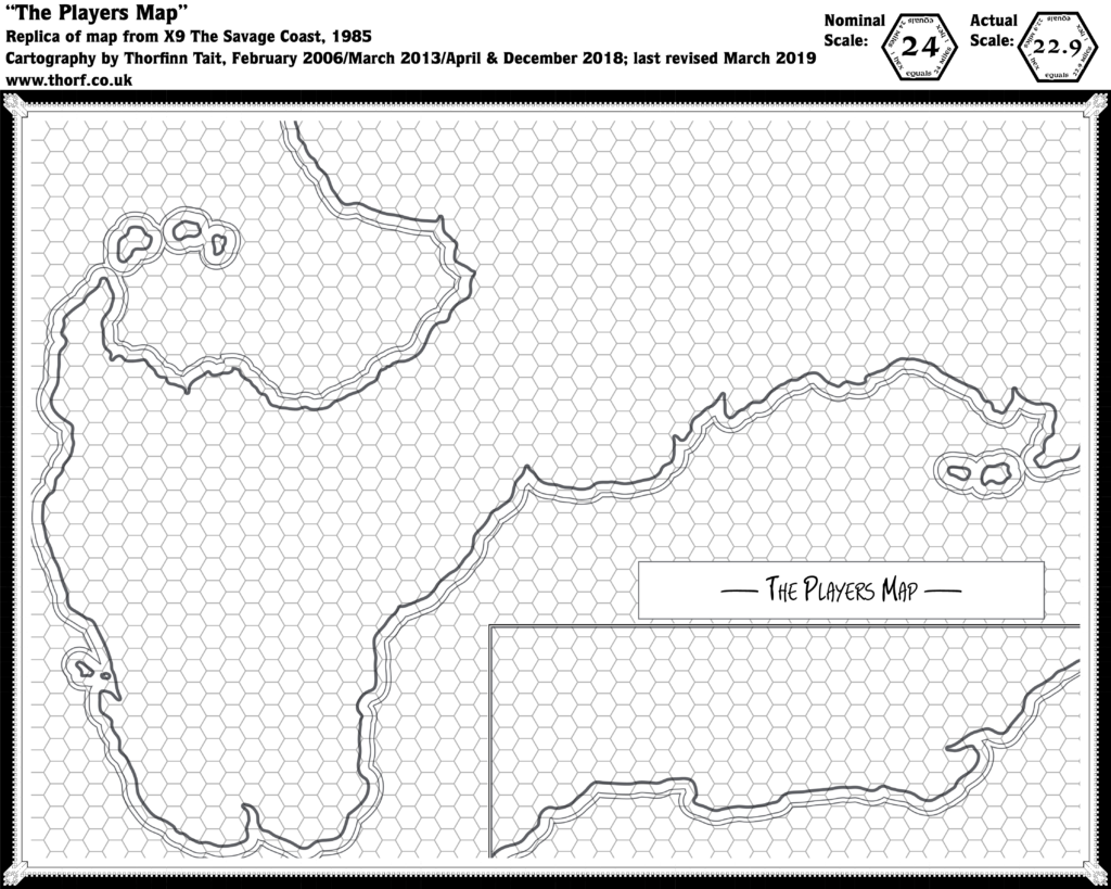 Replica of X9's Players Map of the Savage Coast, 24 miles per hex