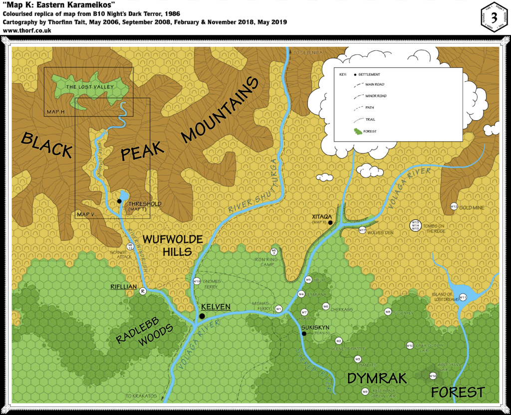 Colourised replica of B10's map of Eastern Karameikos, 3 miles per hex