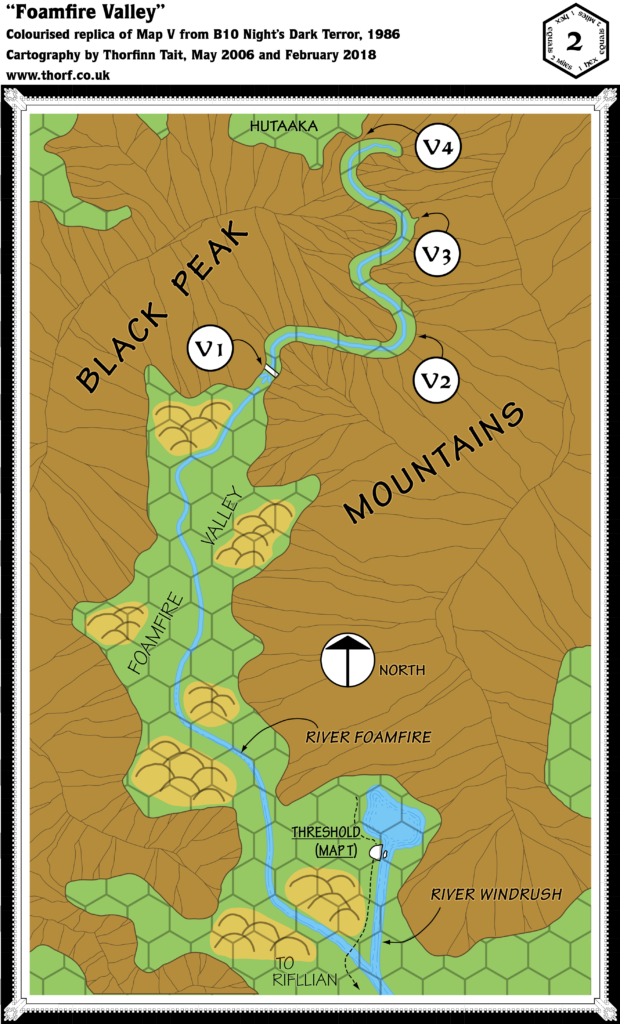 Colourised replica of B10's map of the Foamfire Valley, 2 miles per hex