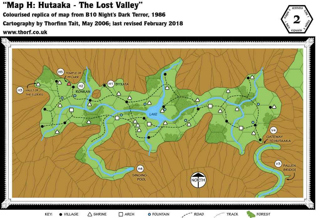 Colourised replica of B10's map of Hutaaka — The Lost Valley, 2 miles per hex