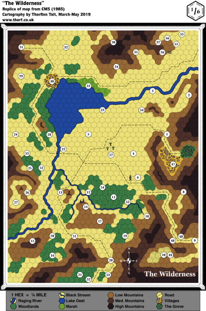 Replica of CM5's map of The Wilderness, 1/6 of a mile per hex