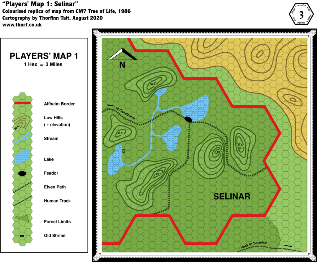 Replica of CM7's Players’ map of Selinar, 3 miles per hex