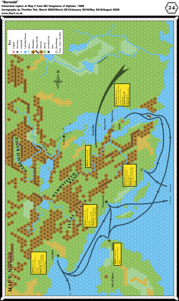 Colourised replica of M2's Norwold map, 24 miles per hex
