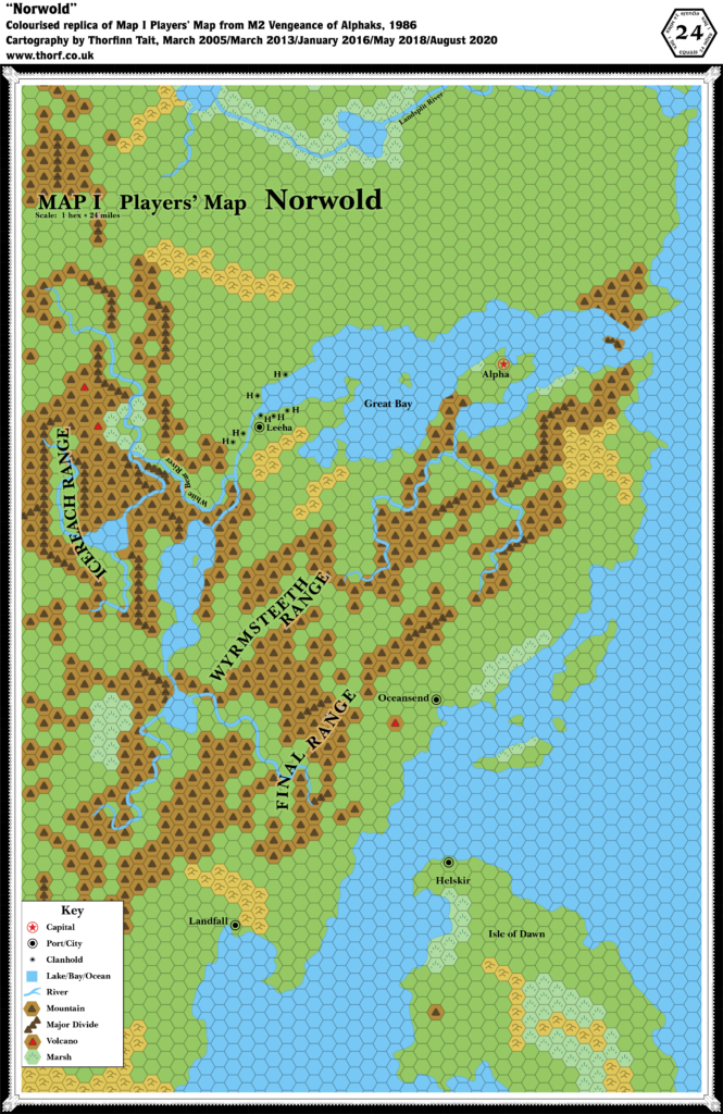 Replica of M2's Norwold Players' map, 24 miles per hex