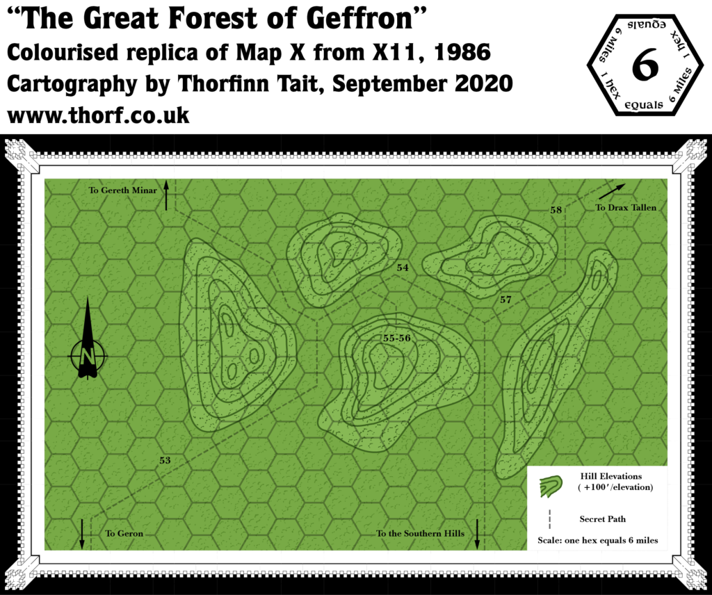 Colourised replica of X11's Great Forest of Geffron map, 6 miles per hex