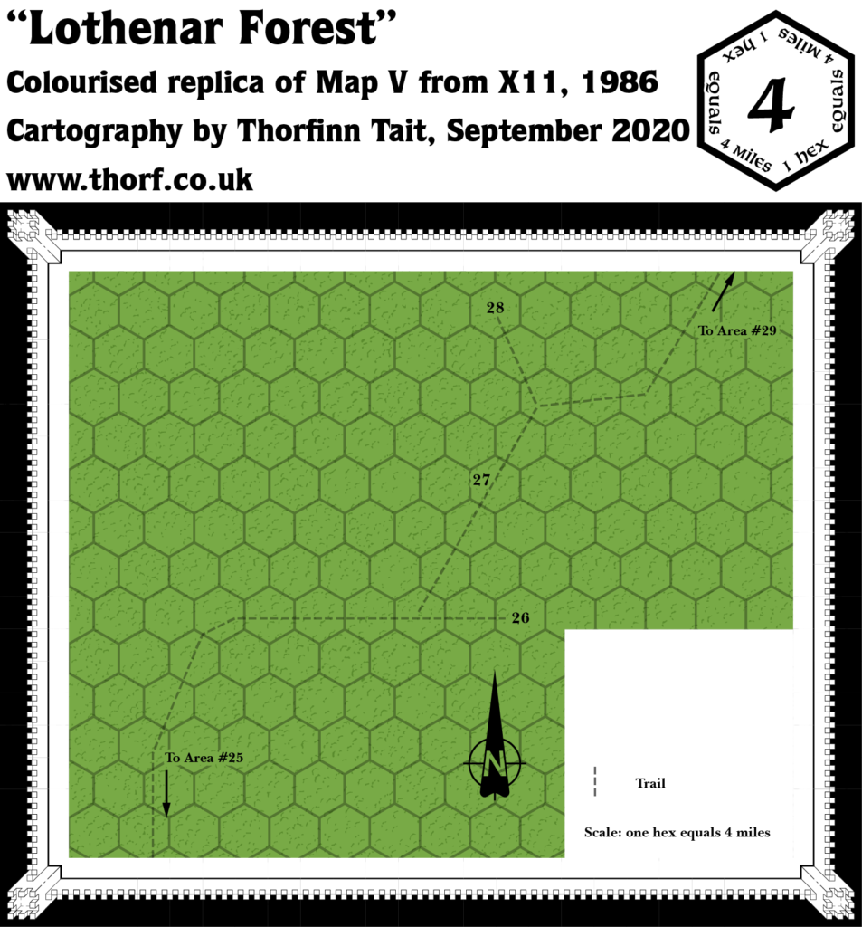 Colourised replica of X11's Lothenar Forest map, 4 miles per hex