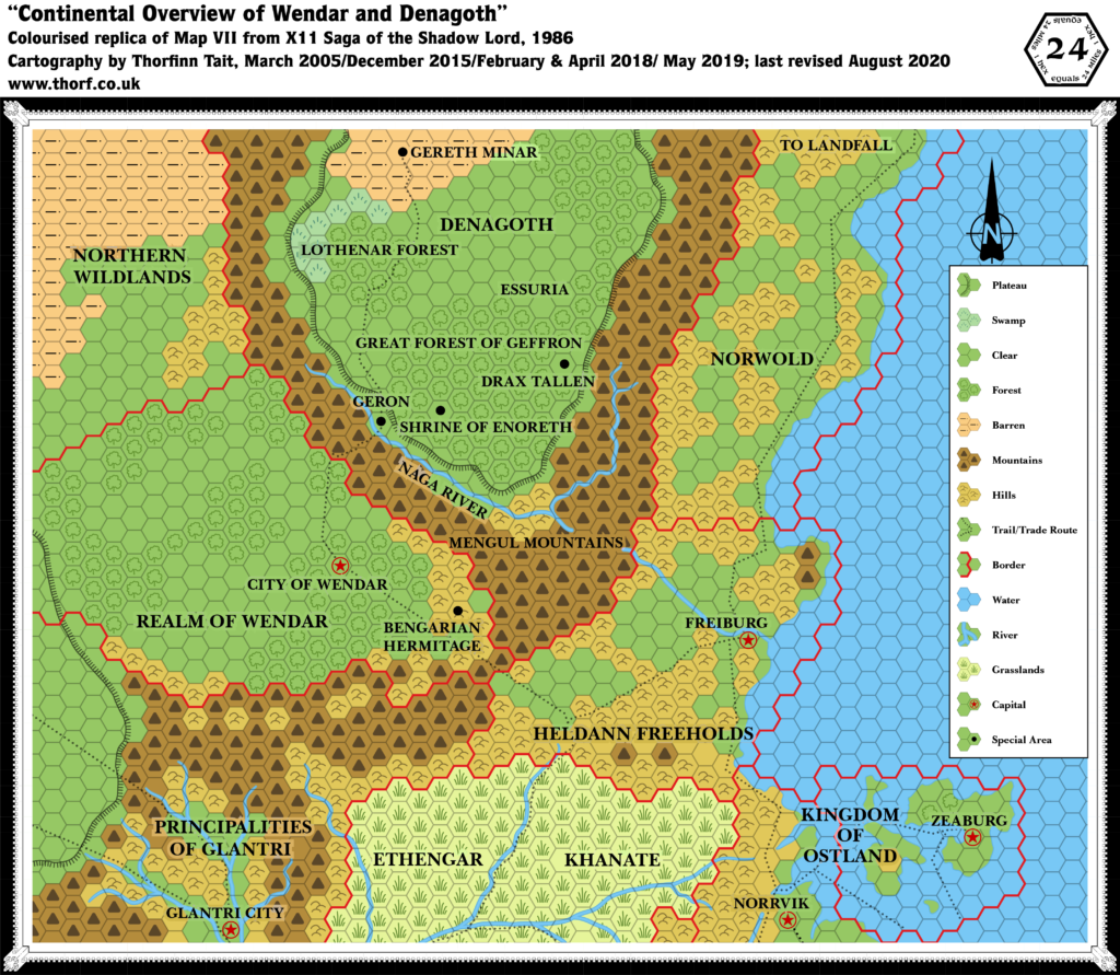 Colourised replica of X11's Continental Overview of Wendar and Denagoth map, 24 miles per hex