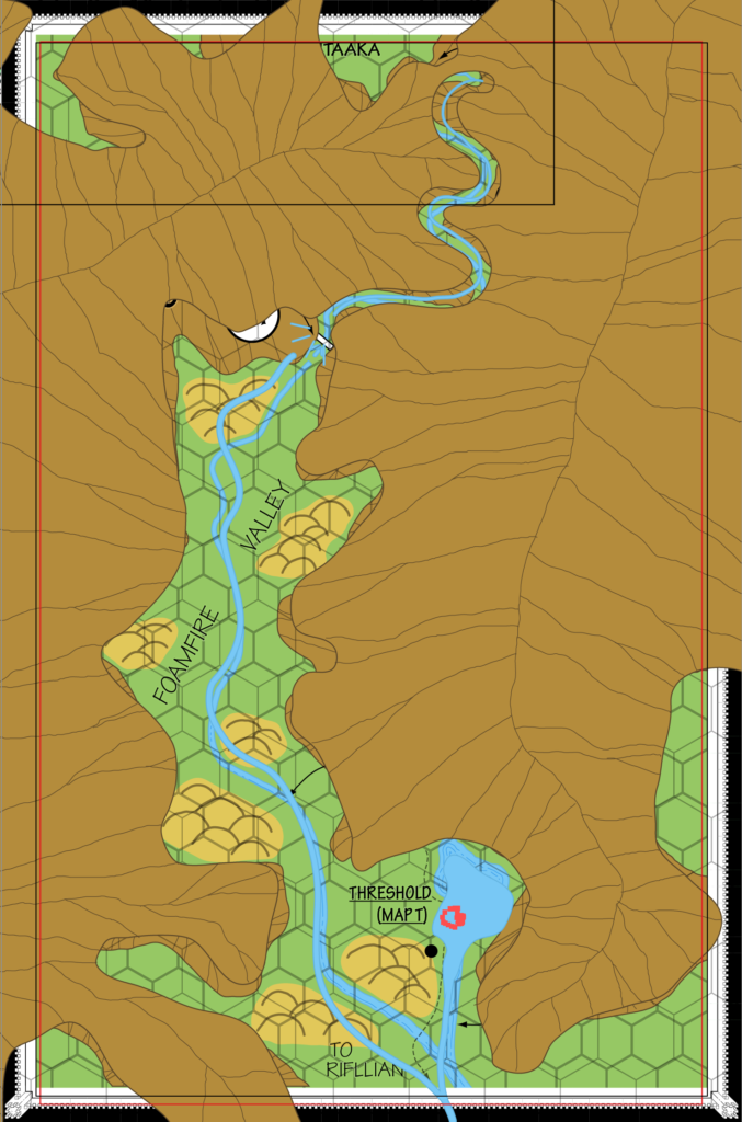 Threshold (black dot) with the mountains, lake and river from the 3 mile per hex map, overlaid on top of the 2 mile per hex map. The red dotted line shows the position of the 2 mile per hex map’s Threshold.